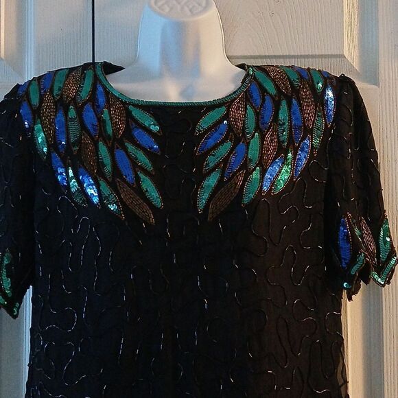 Denise Elle black  blue green beaded sequin vintage blouse  Sz PM - Picture 3 of 9